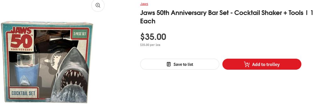 Jaws 50th Anniversary Bar Set - Cocktail Shaker + Tools | 1 Each
$35.00.
Tat and that's that.