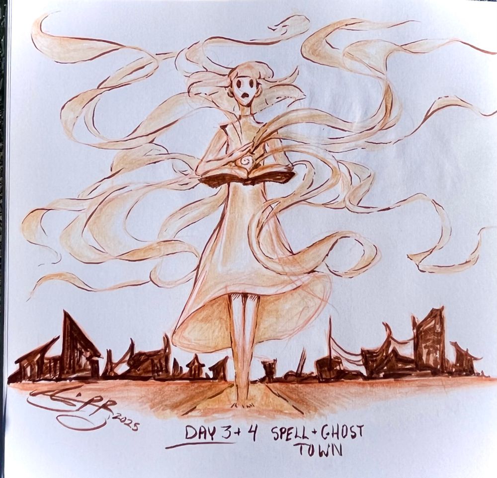 A ghostly woman casting some sort of spell over an abandoned and dilapidated town.