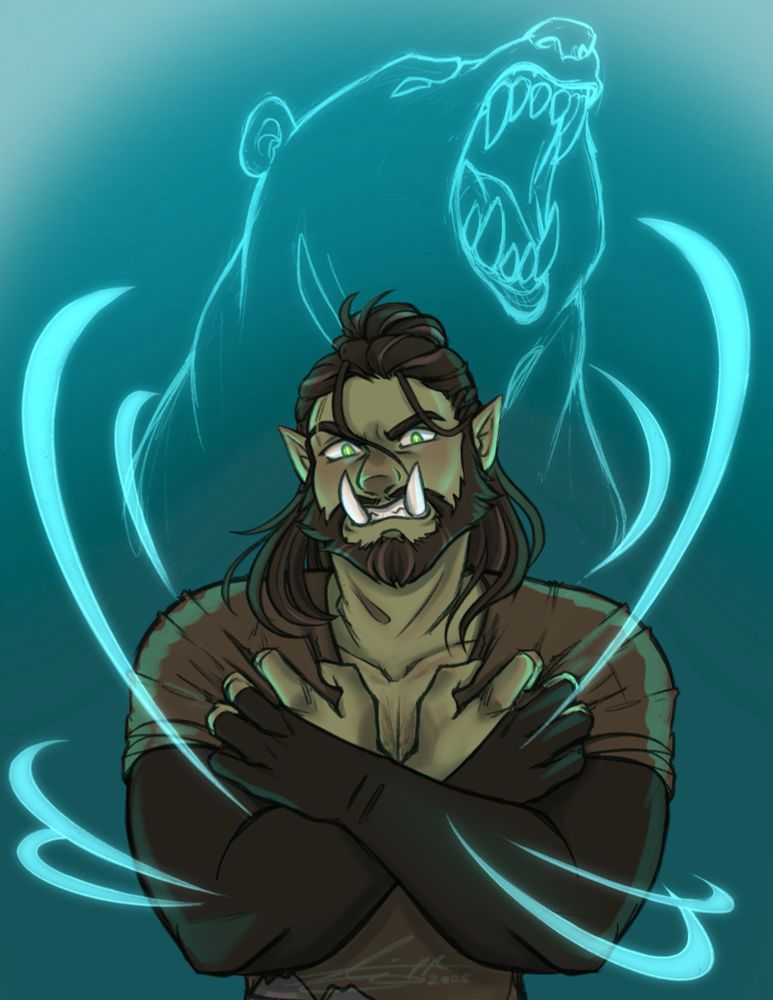 A sturdy half orc with green skin black hair and beard, glares at the viewer with a fierce expression. His tusked teeth clenched tightly as if trying to hold back the beast. A glowing silhouette of a bear roars in the background.

Have I mentioned how much I love halforcs?