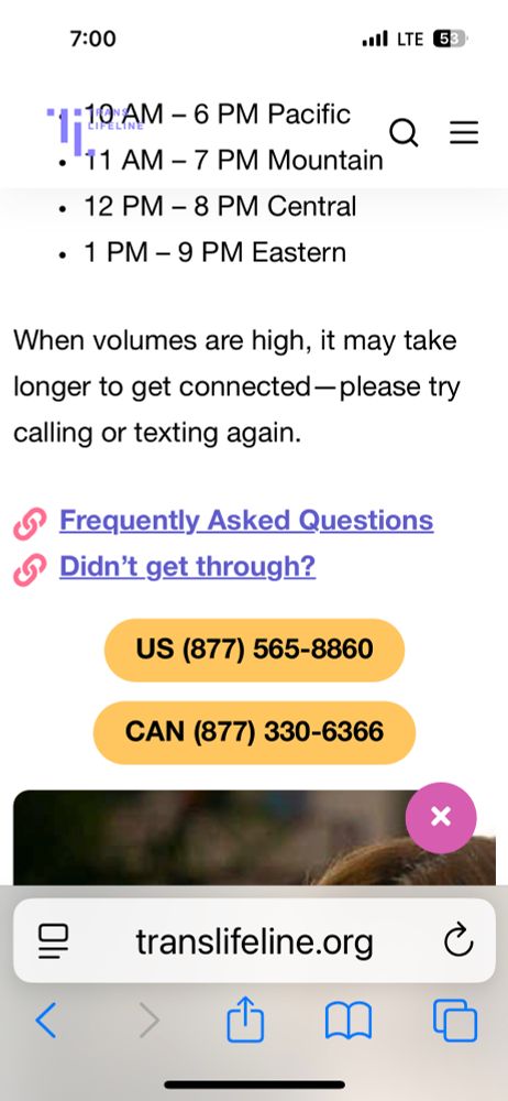 Translifeline.org screenshot with contact numbers. Canada 877 330 6366 / US 877 565 8860