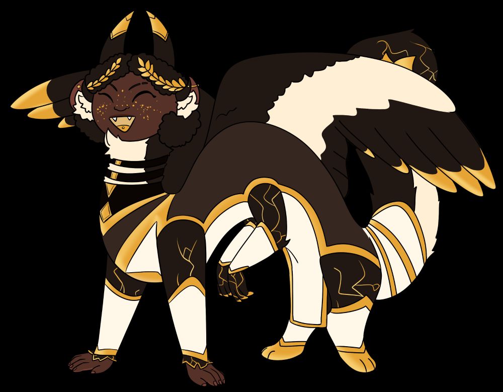 A brown sphinx with white and gold accents stands excitedly
