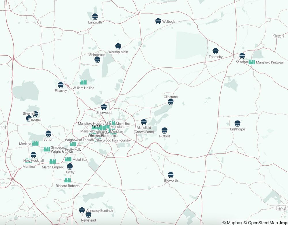A map of the collieries and factories in North Nottinghamshire, all of which have now closed.