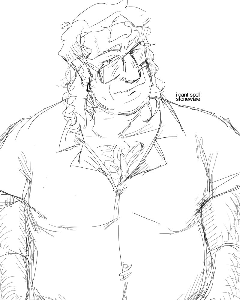 a half body sketch of old Stanley Pines dressed in a short-sleeved shirt with the collar open. his body hair is visible. he's wearing glasses and earrings. he has a mullet, his hair wavy. above his shoulder is a watermark reading "i can't spell stoneware"