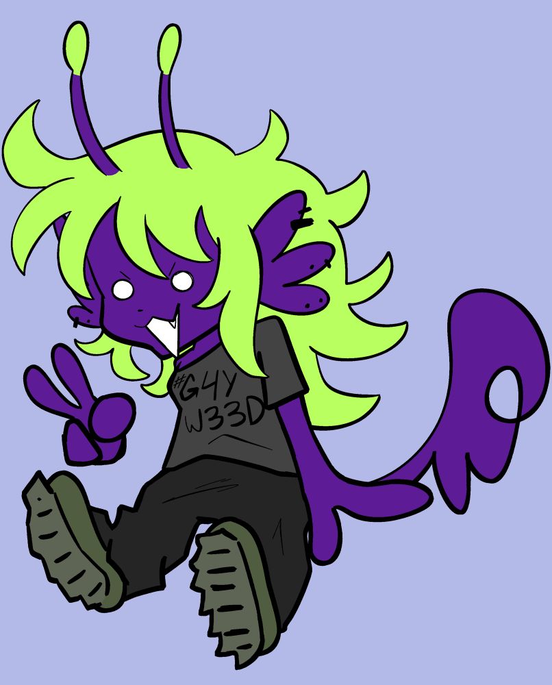 an illustration of chupachups the alien from the youtube series “sparkle on raven: the life of drillgirl”
she is a purple humanoid with long neon green/yellow hair, and is wearing a shirt that says “gay weed” on it