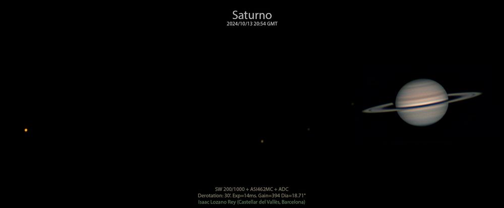 A la derecha se muestra el planeta anillado (Saturno) con los anillos vistos casi de perfil y todo con tonos amarillos-anaranjados. Las 4 lunas que se mencionan están hacia la izquierda todas, con la más brillante, Titán, en el primer lugar en el extremo izquierdo. Las lunas no tienen detalles superficiales, son sólo "bolitas" de diferentes brillos.