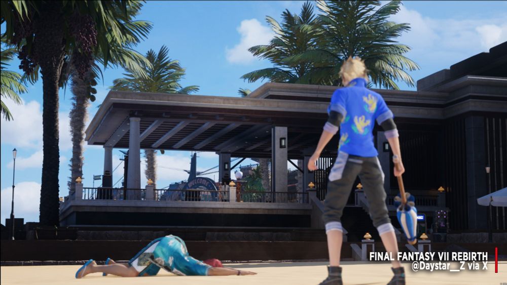 Photo by Daystar__Z via X features Cloud, from Final Fantasy VII Rebirth, wearing his beachwear facing away from us towards a distraught Johnny on the ground at the beaches of Costa Del Sol. (We feel you Johnny)