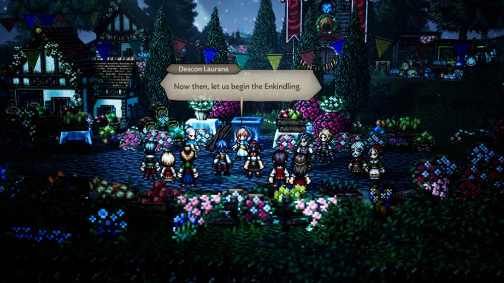 A screenshot from Octopath Traveler 0 shows the Deacon Laurana saying "Now then, let us begin the Enkindling," which does not necessarily mean this is what sets the plot of OT0, but a celebration the followers of the Order of the Sacred Flame follow. 