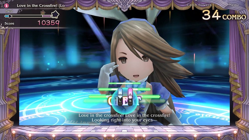 From Bravely Default Flying Fairy HD Remaster, this screenshot showcases the new rhythm game featuring Agnès in the Performer job sining "Love in the Crossfire!"