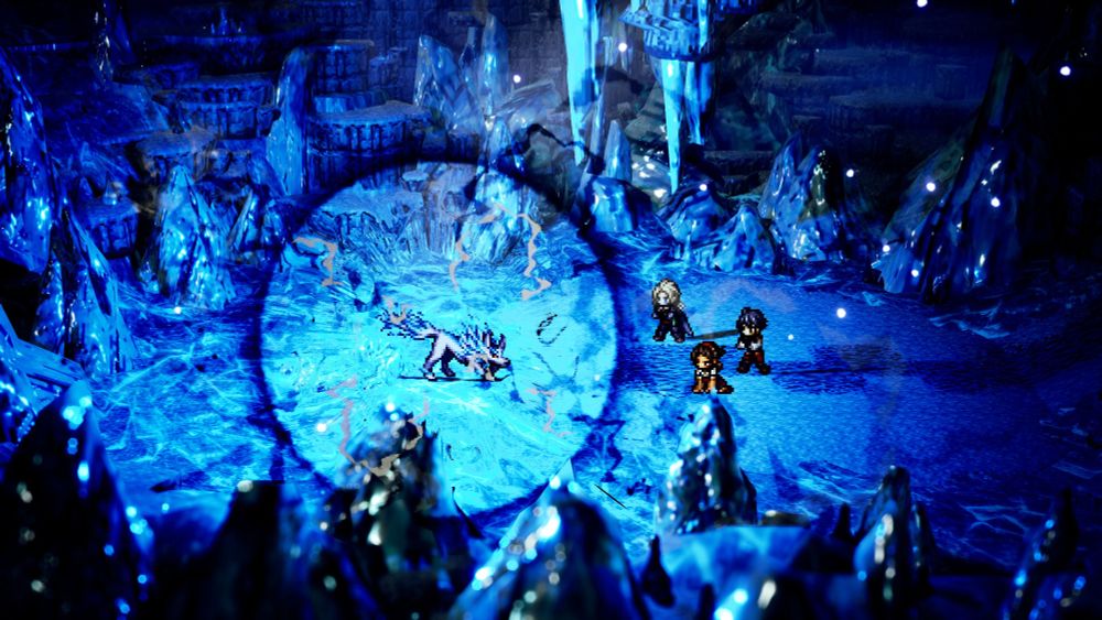 Three characters from Octopath Traveler 0 are battling a white wolf, who has a large aura around it.