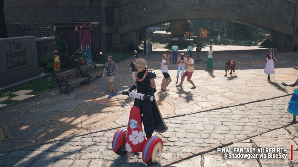 Zooming in on his wheelie through Costa Del Sol, Cloud from Final Fantasy VII Rebirth enjoys the summer time feeling of being carefree and on vacation through this photo by Shadowgear via Bluesky!