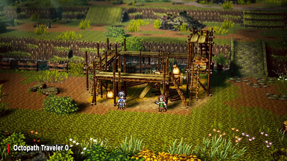 In Octopath Traveler 0, you are the protagonist and you venture to rebuild your hometown, as depicted in this screenshot with a house partially built  and Stia, your childhood friend and architect, helps guide you.