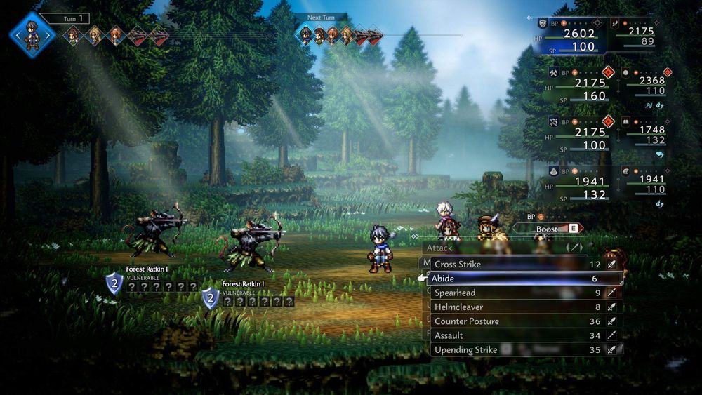 A screenshot from Octopath Traveler 0 showcases the eight-character battle system featuring a battle in the forest against two Forest Rodent I's  where your character, the protagonist, is up next to fight with an array of abilities to choose from.