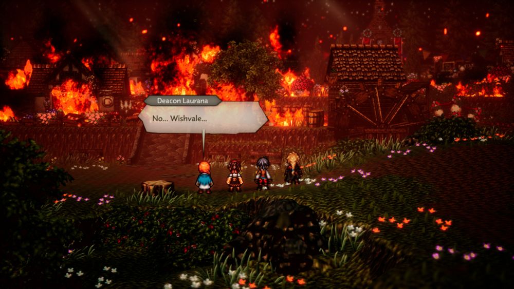 A screenshot from Octopath Traveler 0 shows the Deacon Laurana along with Stia, the Protagonist, and Phenn, looking at your hometown of Wishvale burning, setting the plot for the game.