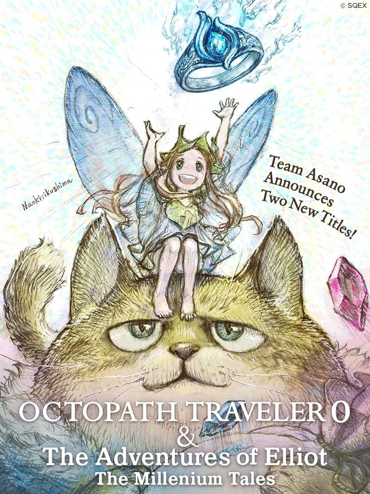 Special collab art by Naoki Ikushima featuring a fairy from The Adventures of Elliot: The Millenium Tales and a Cait from Octopath Traveler 0 celebrates the announcement of two new Team Asano titles!