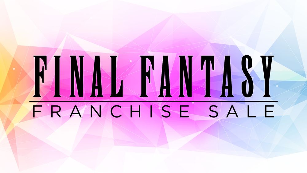 Text: Final Fantasy Franchise Sale
The text sits atop a geometric background resembling a crystal cluster with gradient colors going from (left to right) yellow > orange > pink > purple > blue > light blue.