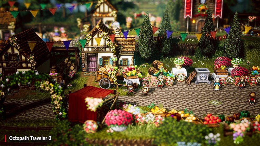 A screenshot from Octopath Traveler 0 shows the main character, YOU as the protagonist, running with a companion through a lively town with flags and decorations out as though a celebration is to come.