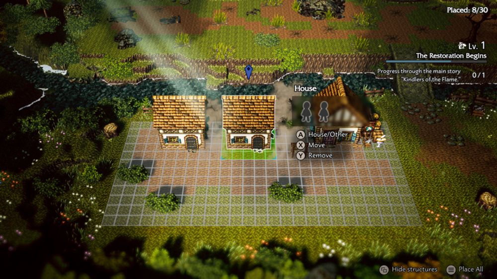 This screenshot from Octopath Traveler 0 shows the town builder screen where you can place your houses and other buildings as you like to truly make the town your own! 