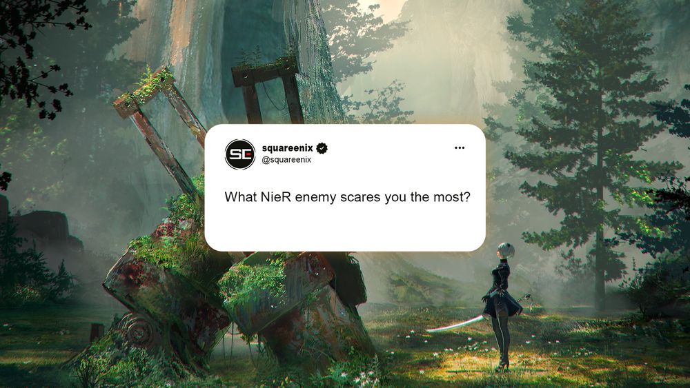 Square Enix asks, "What NieR enemy scares you the most?" behind the bubble is a painting-like picture of 2B in the forest looking up at a decommissioned robot that is being reclaimed by nature.