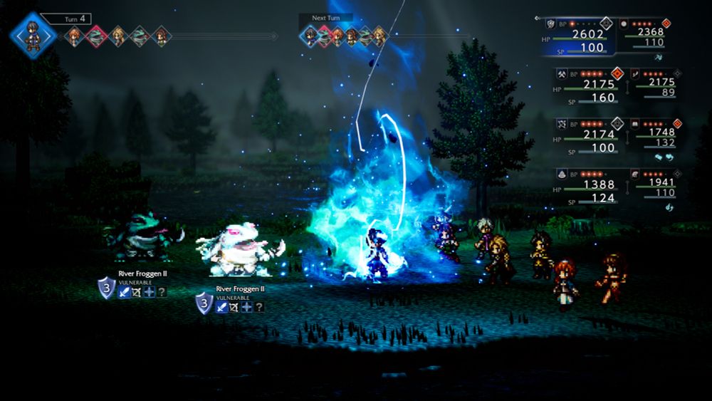 This screenshot from Octopath Traveler 0 shows the protagonist using the Boost feature in battle at max Boost, which showcases a blue flame-like aura surrounding the character in battle. Quite literally aura farming.