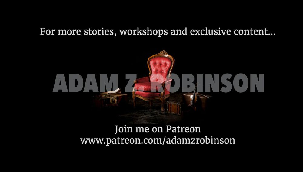 An image of a red chair with the words: Fore more stories, workshops, exclusive content join me on Patreon www.patreon.com/adamzrobinson