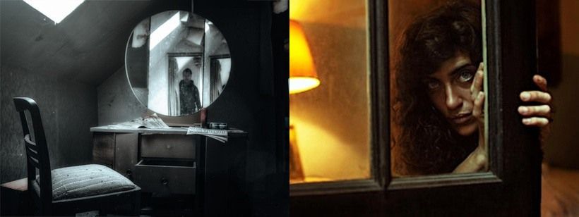 A split image. The left: a shadowy room, a chair, a round mirror and a vague reflection of a man. Right: A woman peering through the glass of a door, lamplit. 