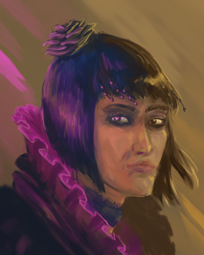 an digital painting of Eliza Cassan from dxhr.  Half of her face is still and cast in pink light, half is in motion and cast in gold, indicating her developing sapience from her interaction and fascination with Adam Jensen.