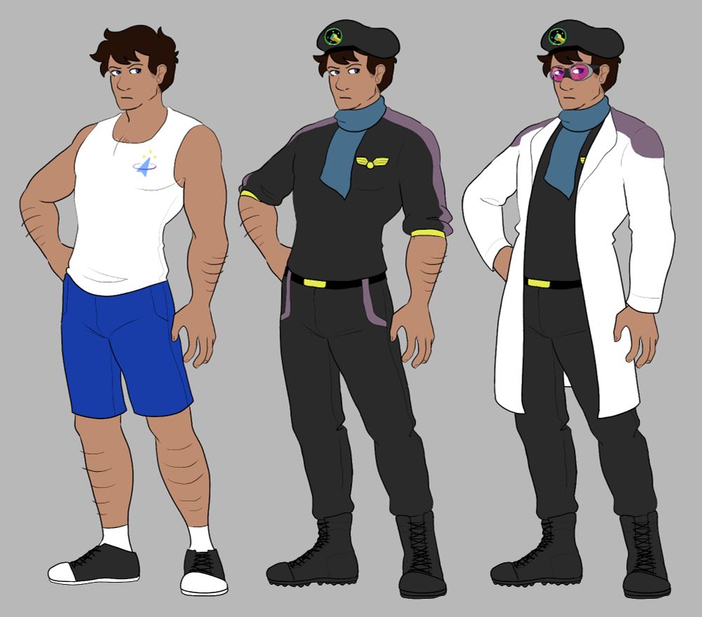 Three images of Lonnie, the first in PT uniform, the second in utility uniform, and the third in lab gear