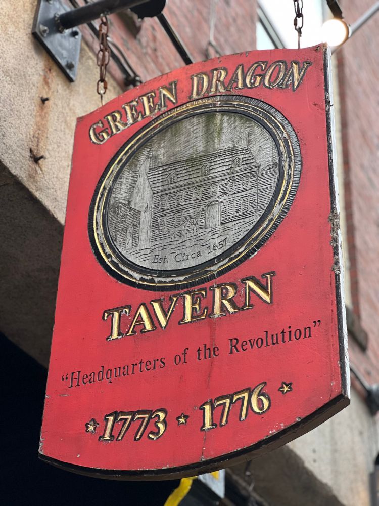 Green Dragon Tavern sign declaring “headquarters of the revolution” 