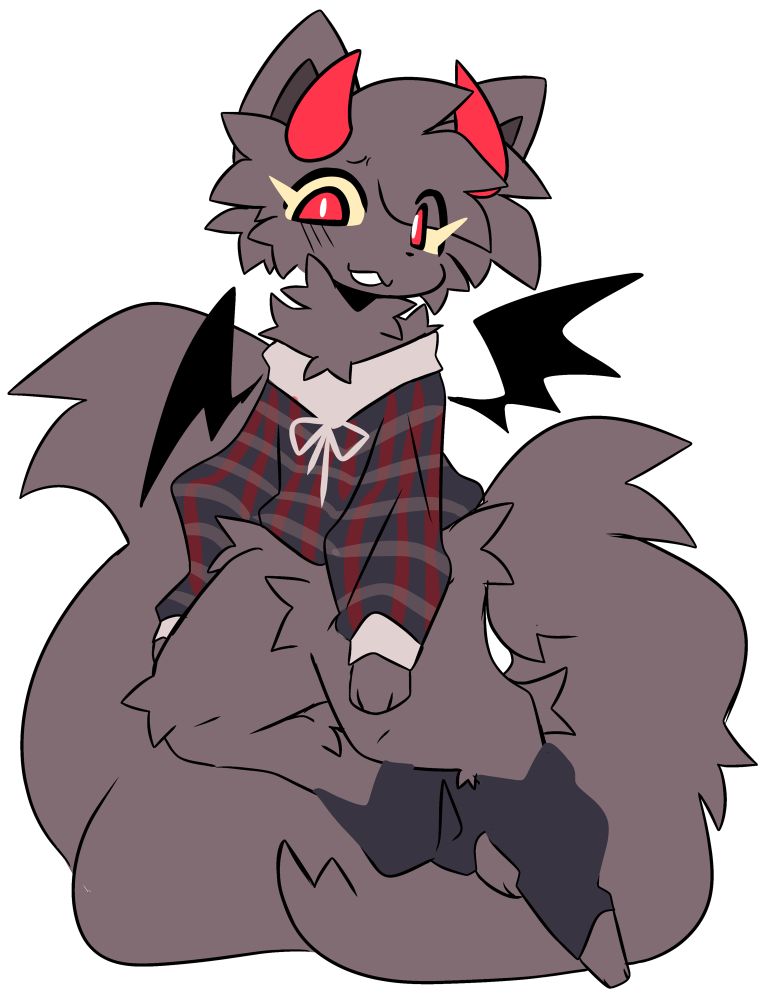 an anthro demon cat with yellow eyelashes, red horns, and a mischievous smile!