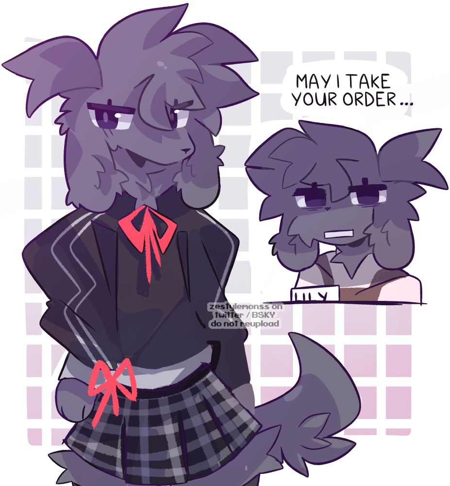 A purple-gray labrador dog with a tired expression. she is wearing a black shirt with a red ribbon, and a plaid skirt. 
the second image of her depicts her wearing a barista uniform, tiredly saying “may i take your order…”