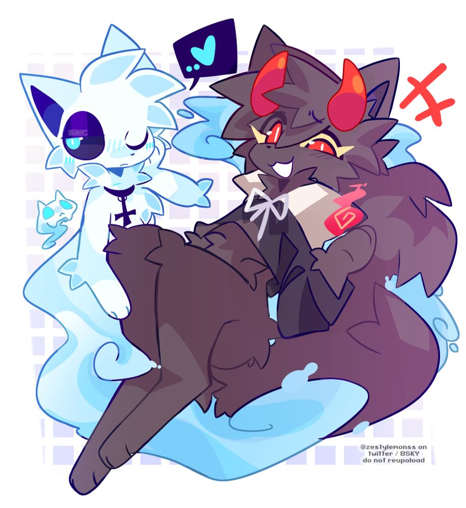 a demon cat who sports a brown fur coat with red eyes and horns, laughing while staring smugly at the viewer. she is floating over a white and blue ghost cat with blue pupils and black sclera. he is looking away from the viewer, lightly blushing. a small ghost kitten curiously floats next to him, witht he same white and blue coloring. 