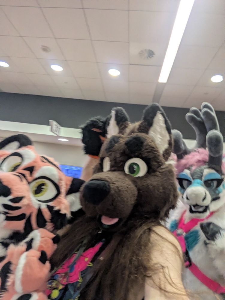 Avalanche, wearing his character Scarlet, alongside Charlie Caribou and Arthur Wu