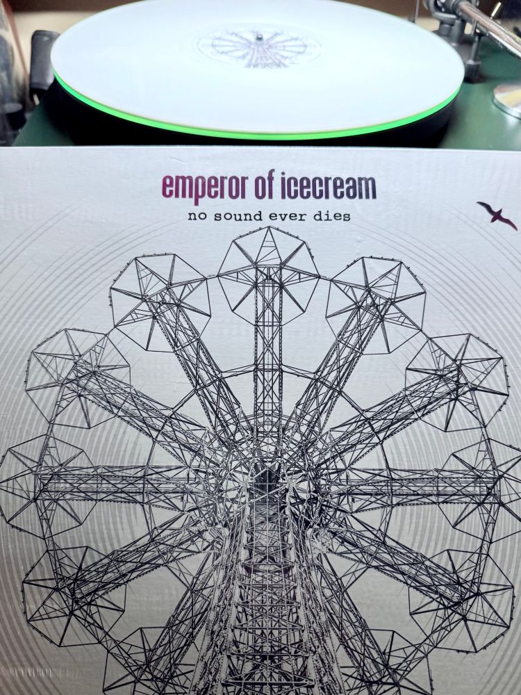 Emperor Of Icecream : No Sound Ever Dies album cover with white vinyl in the background 