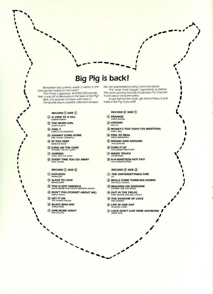 Now That's What I Call Music 5 DIY cut out Pig Mask reverse with track list