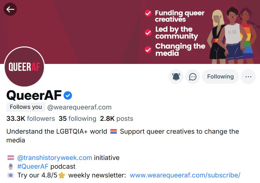 Screenshot of the QueerAF bluesky profile with a blue verified tick mark that signifies our account is "notable and that [Bluesky has] confirmed you are who you claim to be, helping other users find and trust your account on the Bluesky app."