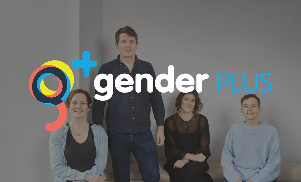 A team photo with four people, and the logo 'gender plus' in front of a white wall, with a greyed out overlay