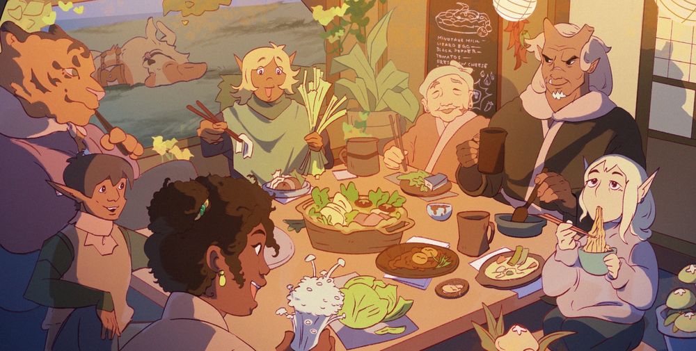 An anime style illustration in soft golden pastels of a group of patrons at a fantasy tavern sitting around a table enjoying noodles and broth served from a large central pot