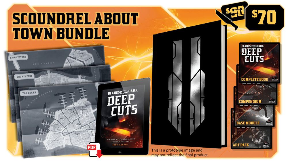 A mockup of the campaign exclusive items in the Scoundrel About Town Bundle: a set of maps of Doskvol, the PDF of Deep Cuts, a limited edition version sporting a shining pair of daggers, plus four Roll20 modules, priced at $70.