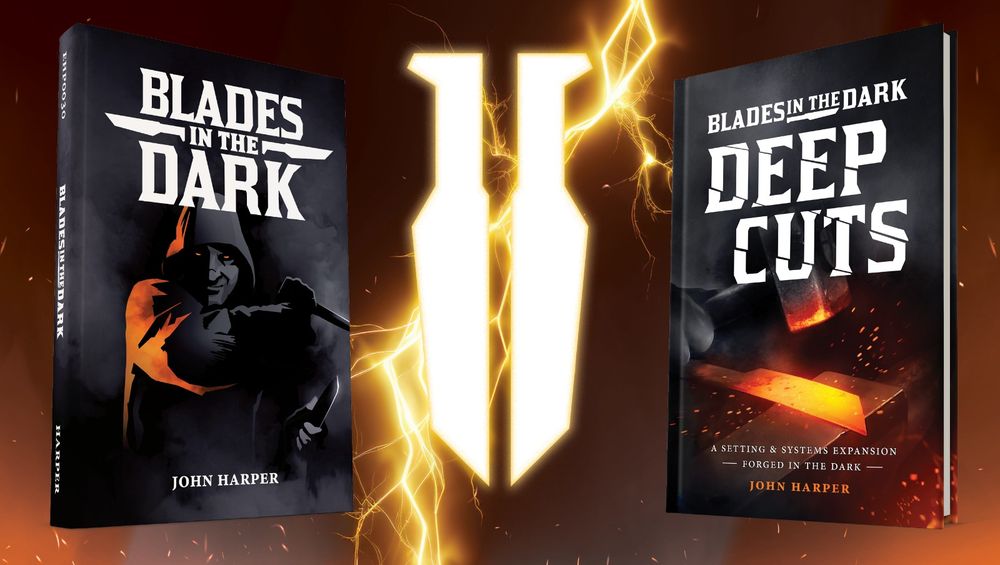 On the left, a mockup of the Blades in the Dark RPG. On the right, a mockup of the Deep Cuts expansion. Between them are a pair of glowing tanto-style daggers getting struck with a crackling lightning bolt.