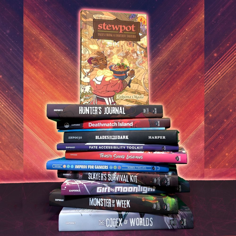 A large stack of books piled atop one another: Blades in the Dark, Deathmatch Island, Fate Accessibility Toolkit, Fate Condensed, Girl by Moonlight, Improv for Gamers 2e, Monster of the Week, Monster of the Week: Codex of Worlds, Monster of the Week: Hunter's Journal, Monster of the Week: Slayer's Survival Kit, Stewpot: Tales From a Fantasy Tavern, and Thirsty Sword Lesbians. 