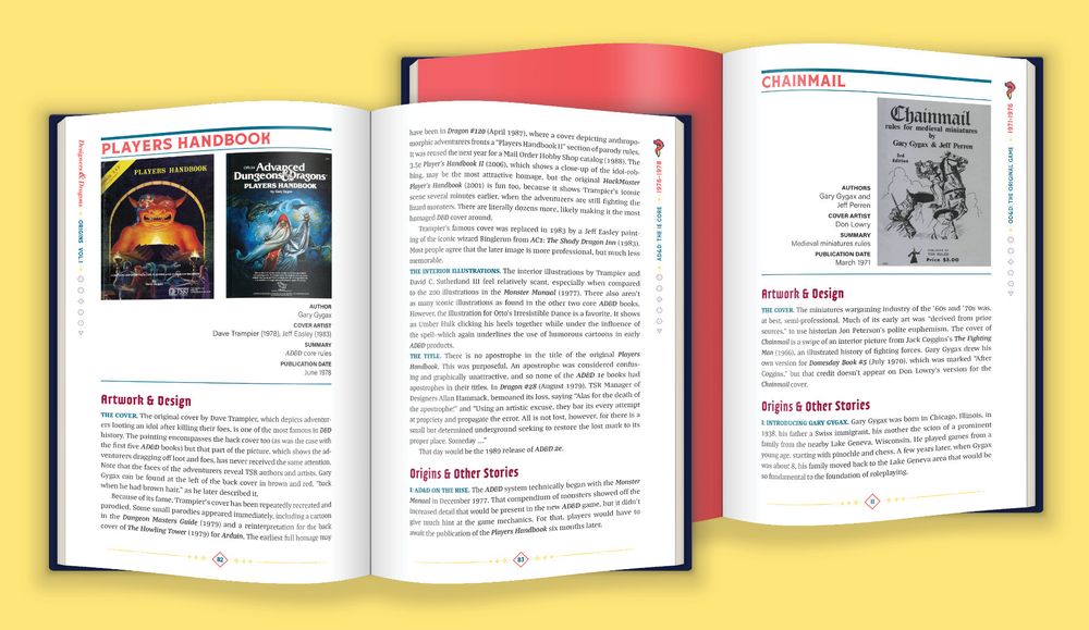 Two sample spreads from the books. On the left a spread showing the AD&D Players Handbook along with sections for Artwork & Design and Origins & Other Stories. On the right, a sample spread for Chainmail with those same subsections.