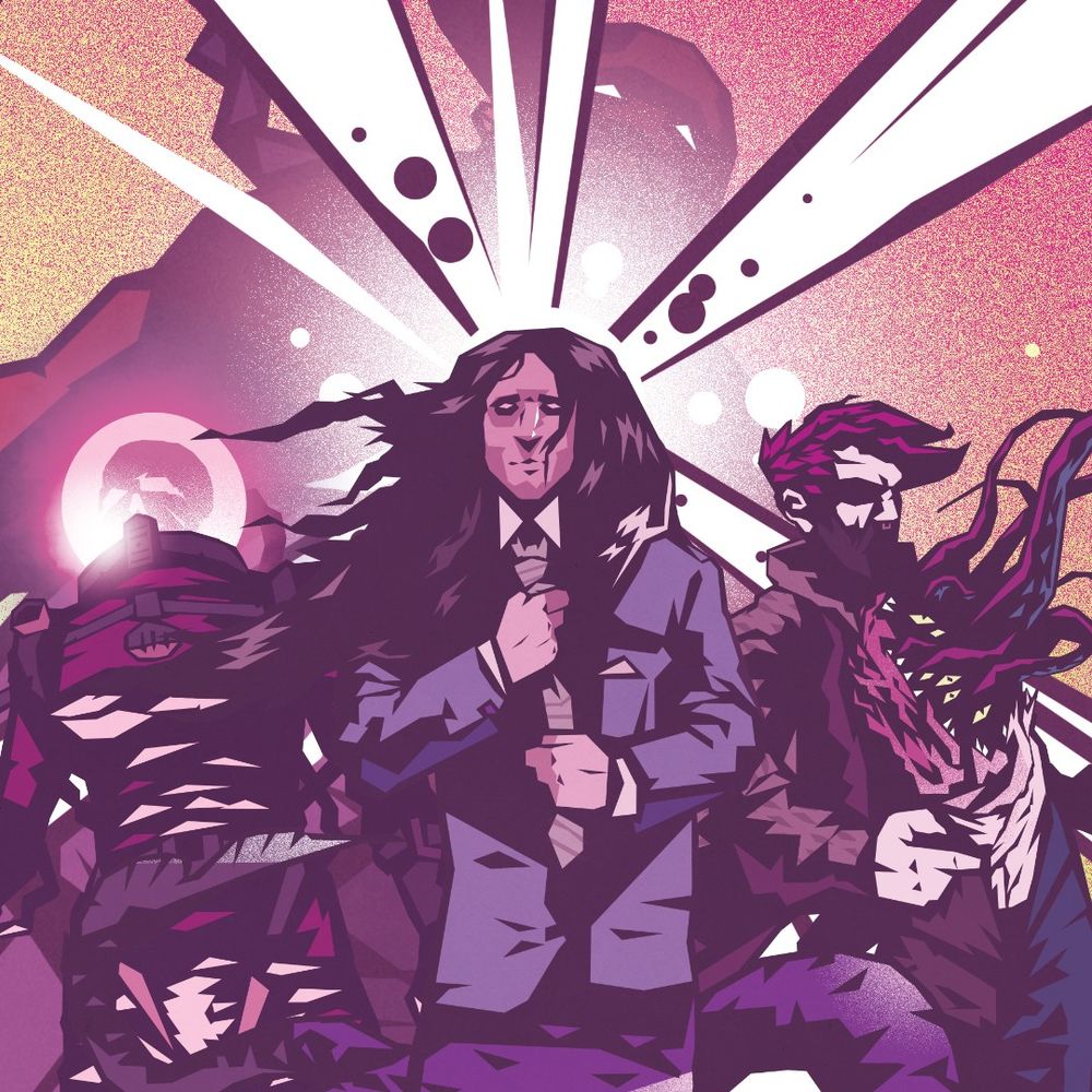 An illustration in shades of pink and purple showing a man with long hair wearing a suit and straightening his tie. To his left is a figure in a diving suit topped with a globe helmet. Inside the helmet is a ghostly skull. On the right is a figure arching backward as a mass of teeth and tentacles erupt from his torso. Beams of light erupt from behind the trio.