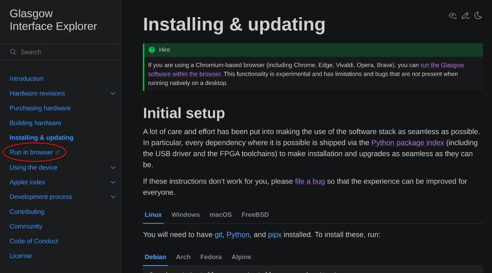 screenshot of "Installing & updating" manual page highlighting the new "Run in browser" link