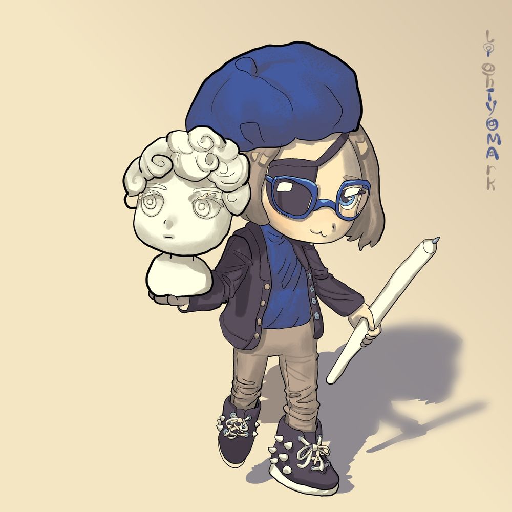 1x1 art of my persona Tyoma as chibi, who is looking like a girl with short light-brown hair and blue eyes. One of them is covered with a black eyepatch. Tyoma is drawn in funny three-head height proportions, with giant eyes and little nose, bodily features are undetailed and have soft shapes. Tyoma is wearing a blue beret, blue turtleneck with black jacket, beige pants and black boots with spikes. She is drawn in casual walking pose, carrying a giant white stylus-like spear in her left hand and white chibi-like David bust sculpture in her right one, her smile is a bit shy yet inviting. End ID.