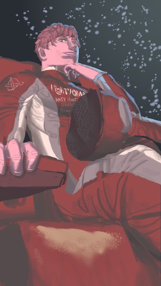 9x16 art of male character named CJ Collins, he is drawn from below angle, sitting in a black chair. CJ has white skin,, red messy hair, he is wearing a black racer suit which looks more red under the lighting. There are blue and white elements, beginning from the sleeves' ends, going along with body's sides like a stripe, ending next to the shoes. CJ has one leg on top of another, one of his boots is pointed into camera. His face is tensed with dissatisfaction as he is touching his chin with his left hand's knuckles.  Deep shadows are covering his body from the right (left for him) and a dramatic blue counter light lies onto his siluette. End ID