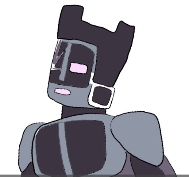 A WIP sketch of black robot shown to his chest, he has dark-purple panelling and metallic frame that joints black and purple parts. His forms are rectangular, a black plate on top of head has a form of digit 4. His right eye is replaced by a purple scar, the left one looks like white rectangle, a metallic plate reminds a beard. End ID