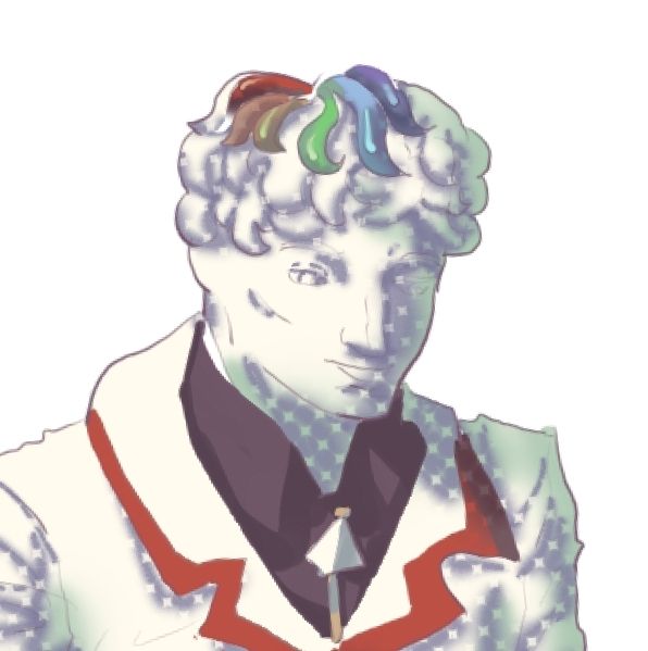 1x1 WIP of my character Adam shown to his chest, he has marble white skin and curly hair, his eyes are also white. There are colorful strands in his hair, each is having one of seven rainbow colors. Adam's face has a sly expression with a side smile, he is wearing a white jacket with black shirt underneath,  a white prismatic pendent with a rope tie. End ID