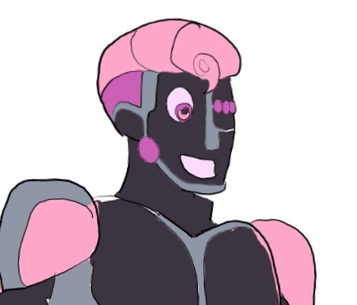A wip of a robot character with masculine features who has black shell with pink panelling and metallic framing. His eyes are different, one is human-like, while the another looks like three camera lenses.