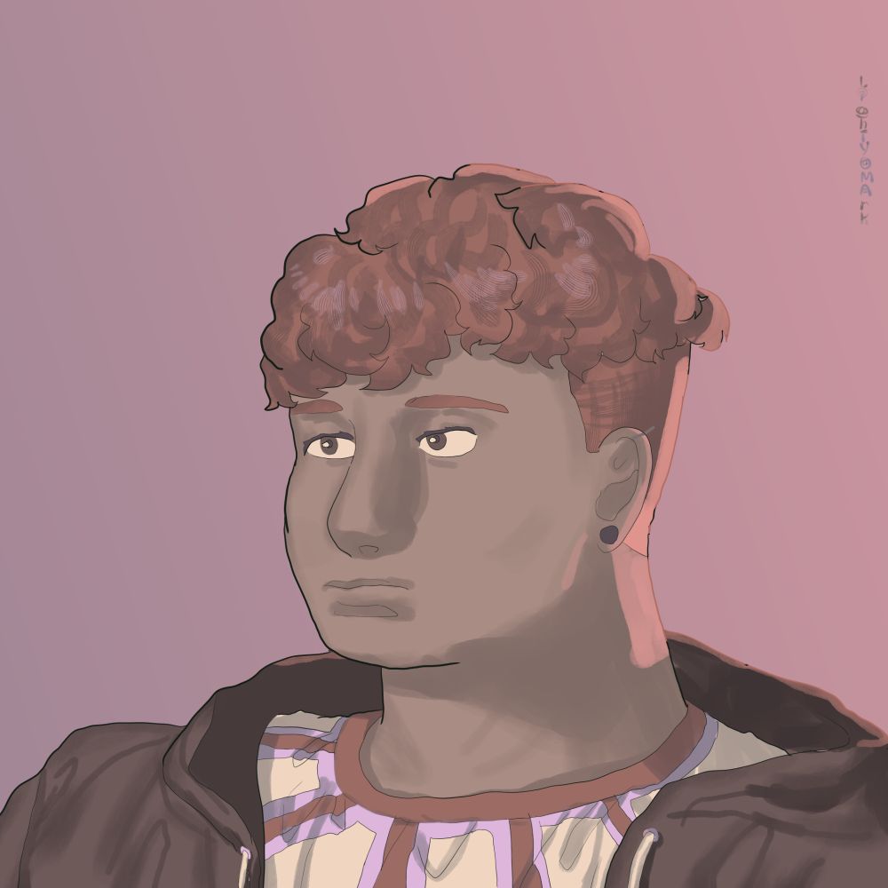 1x1 art of my character Andjey shown to his shoulders. He has white skin, short curly ginger hair and warm brown eyes. He also as a piercing in his ears, his white top with orange and blue stripes, which look like sunshine rays, and brown jacket with hood are seen. The lighting is dim, shadows cover Andjey's face from the right, and hostly counter-lighting is pointed at his back and is adding contrast to the picture. Andjey looks worried and confused.