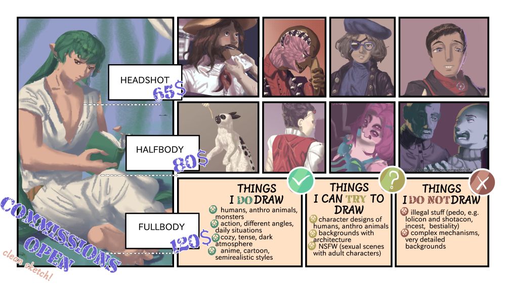 Alt text: Commission sheet with pricing: $65$ for headshot, $80$ for half-body, $120 for full-body. Features various art samples: a хpinkhaired elf reading, a bearded man eating, a monstrous face, a person in a beret, a man with a red scarf, a white animal, a figure in a red cape, a pink-haired character, an older man, and a robotic face. Includes "Things I Do Draw" (humans, anthro animals, monsters, action, cozy/dark atmosphere, anime/cartoon/semirealistic styles), "Things I Can Try to Draw" (character designs, backgrounds, architecture, NSFW with adults), and "Things I Do Not Draw" (illegal content, complex mechanisms, detailed backgrounds). Text reads "COMMISSIONS OPEN" and "clean sketch!"